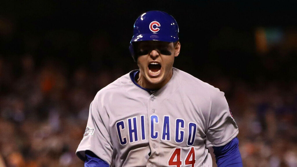 Anthony Rizzo shouting in gray Chicago Cubs shirt and helmet during intense baseball moment wallpaper
