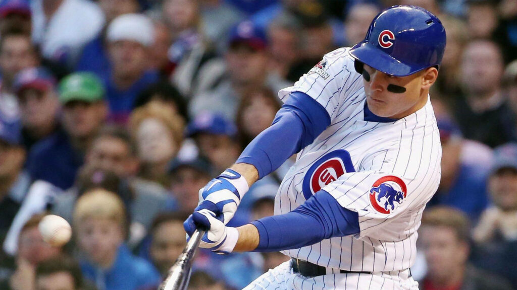 Anthony Rizzo powerful bat swing Chicago Cubs uniform zoomed-in baseball game wallpaper background