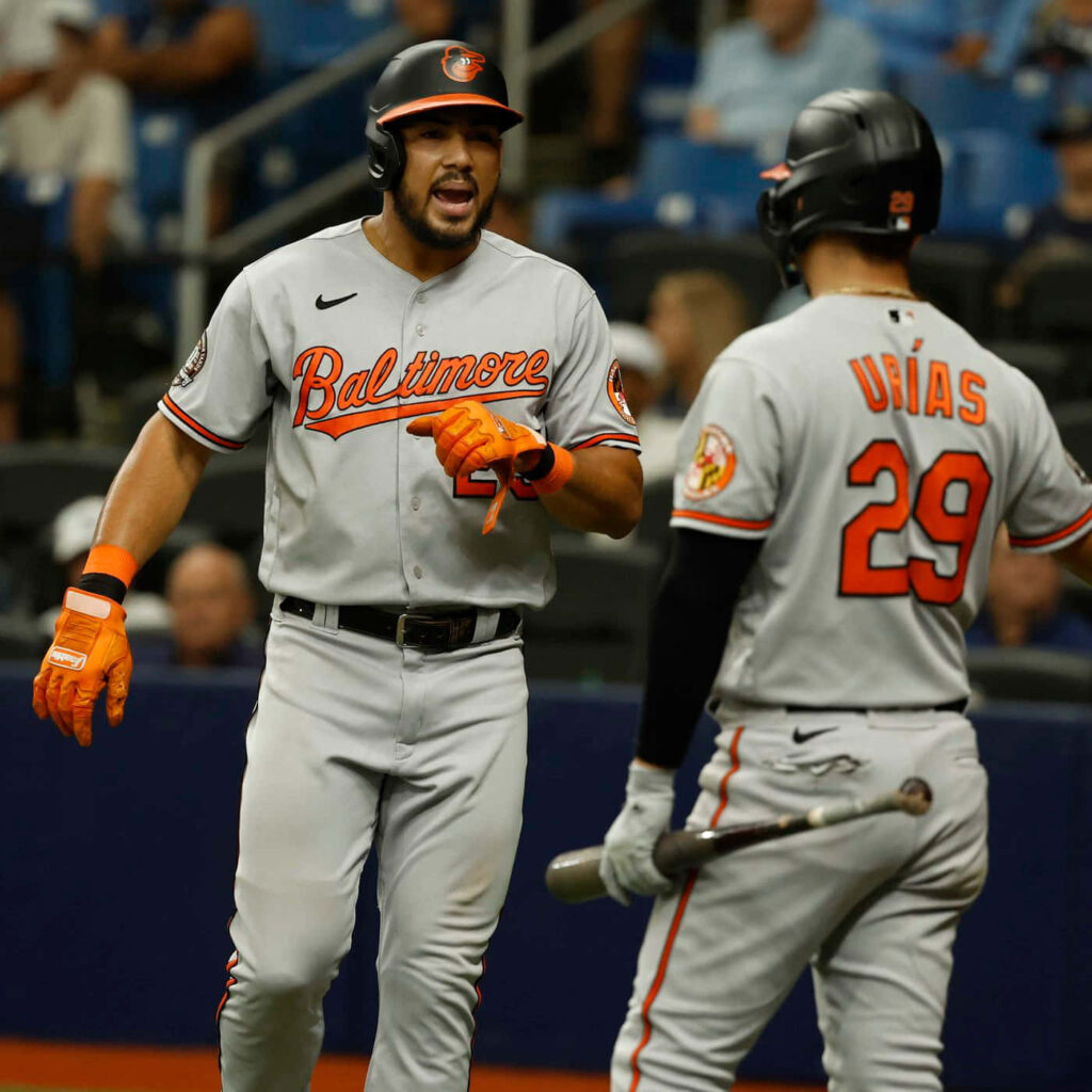 Baltimore Orioles Anthony Santander celebrates with teammate in gray uniforms during game excitement Wallpaper