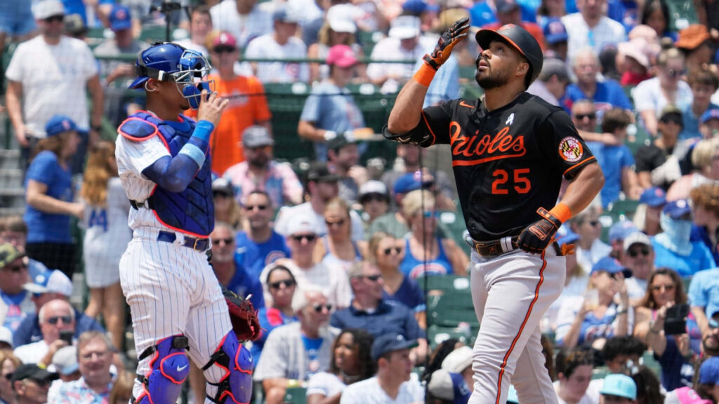 Anthony Santander Baltimore Orioles celebrates home run with cheering crowd dynamic wallpaper background