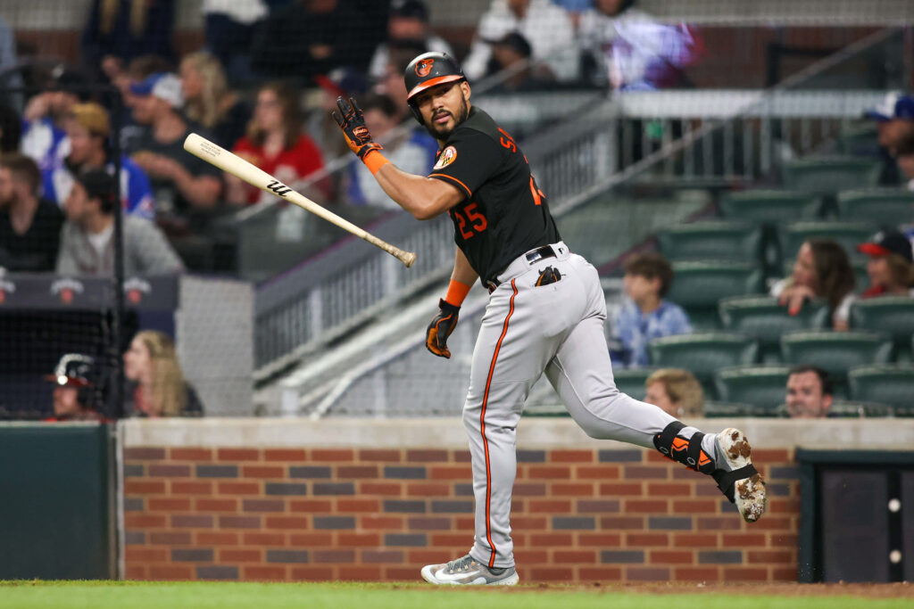 Anthony Santander intense action shot showcasing athleticism dynamic baseball game wallpaper background