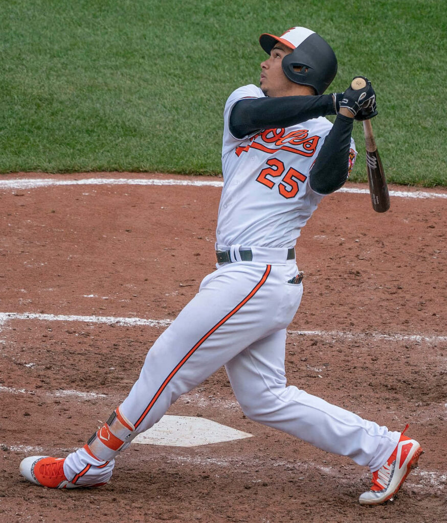 Anthony Santander batting powerfully mid-swing during a thrilling baseball game wallpaper