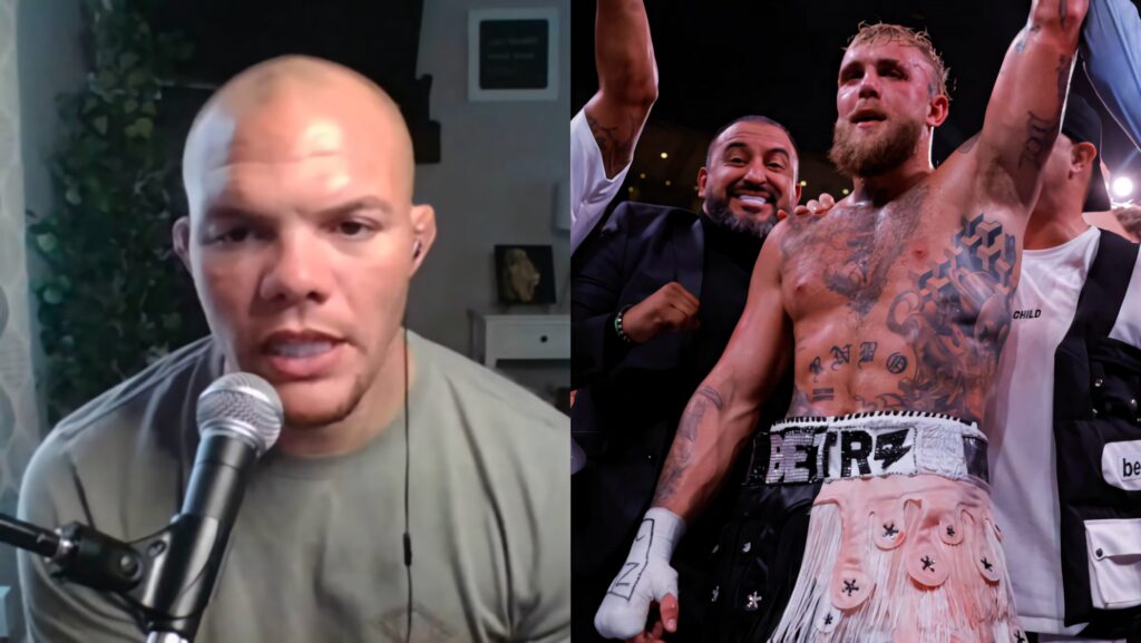 Anthony Smith broadcasting next to victorious Jake Paul celebrating boxing win in ring wallpaper