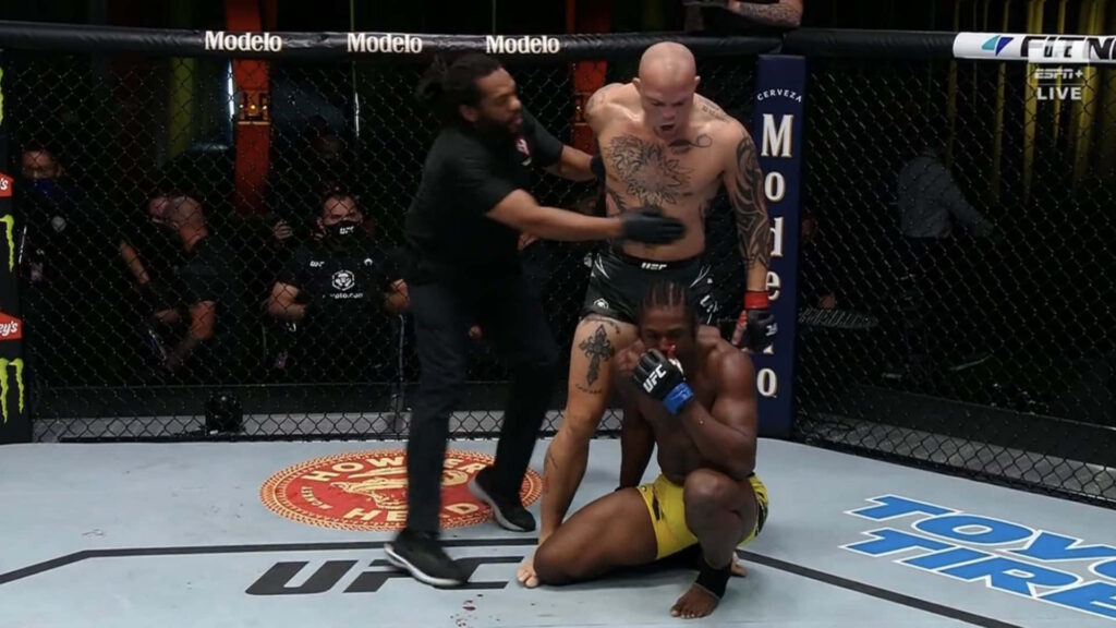 Anthony Smith standing tall and Ryan Spann squatting in intense UFC octagon fight energy Wallpaper