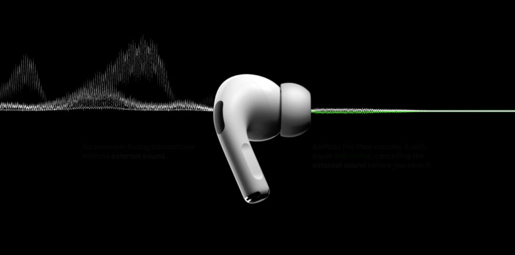 Anti-noise AirPods Pro wallpaper with sleek earbuds and sound waves on dark background