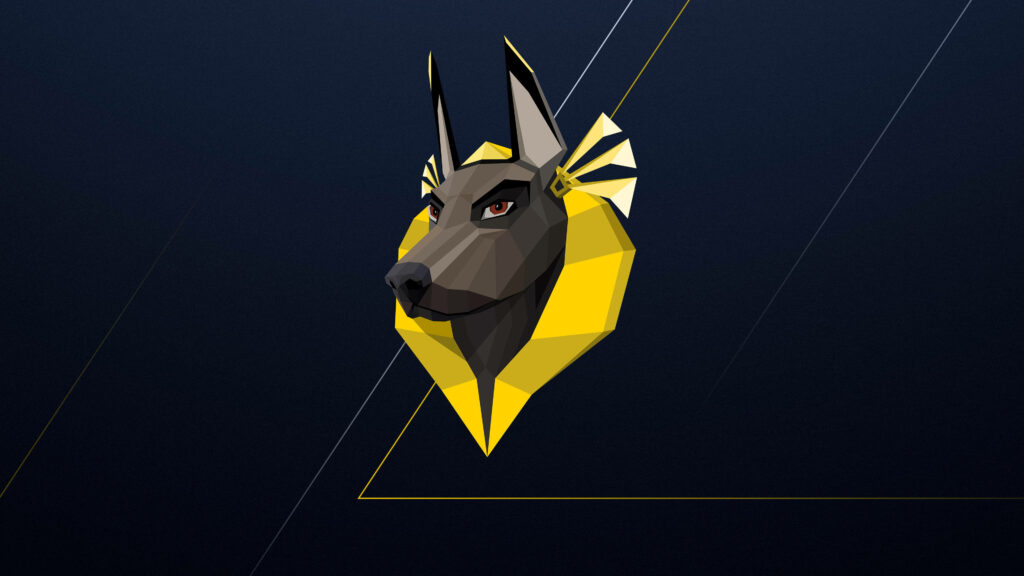 The Mighty Anubis: A 4k Jackal Head Wallpaper in Digital Art, Commanding Authority Against a Dark Blue Background