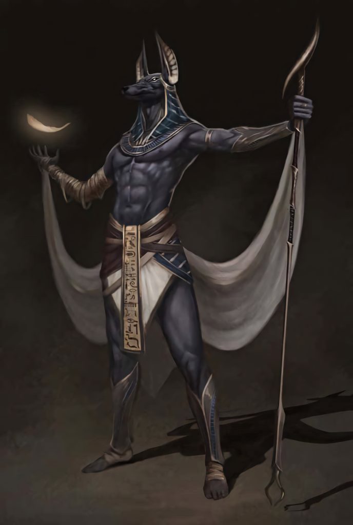 Digital illustration of muscular Anubis god in gold and blue regalia levitating glowing feather Wallpaper