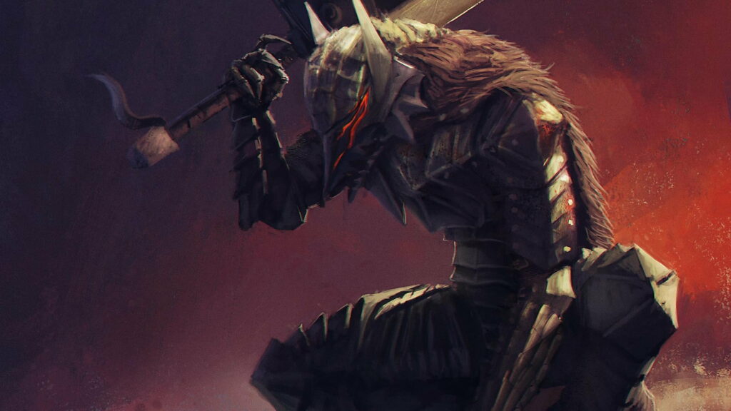Anubis meets Berserk in the world of Anime: A stunning Fantasy Art Digital Wallpaper featuring Guts and an otherworldly Creature as the HD background