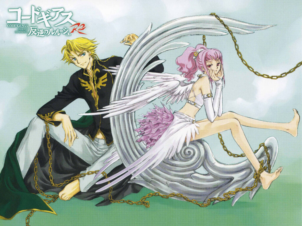 Anya Alstreim on angel wings white pink outfit soft clouds Code Geass R2 wallpaper background