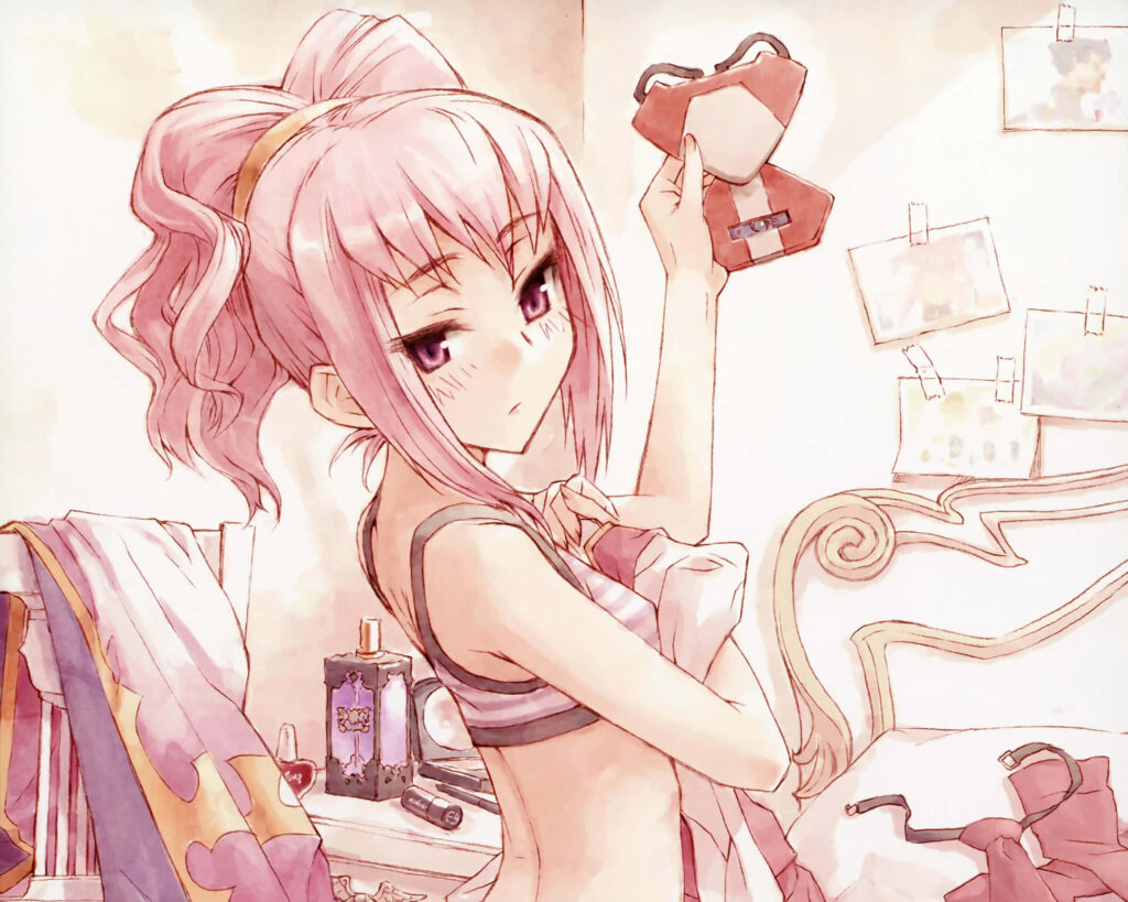 Anya Alstreim from Code Geass in pastel room holding plush toy with calm mysterious expression wallpaper
