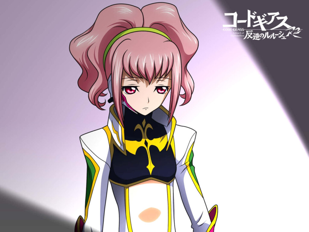 Anya Alstreim in Code Geass costume stands confidently with dramatic light backdrop wallpaper