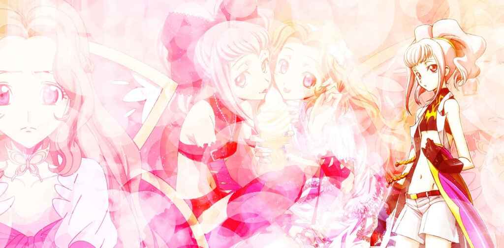 Anya Alstreim Code Geass wallpaper knight in pink and gold light with layered expressive poses