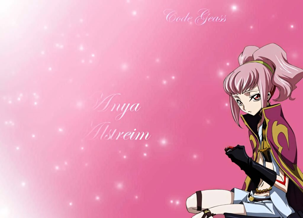 Anya Alstreim from Code Geass in signature uniform sitting calmly with sparkling pink background Wallpaper