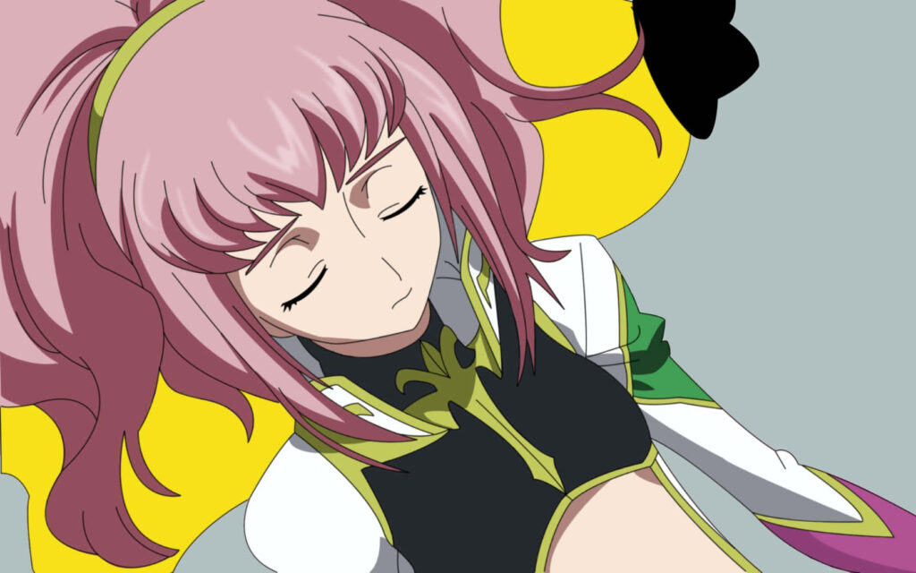Anya Alstreim portrait illustration with pink hair and detailed uniform on vibrant yellow background Wallpaper