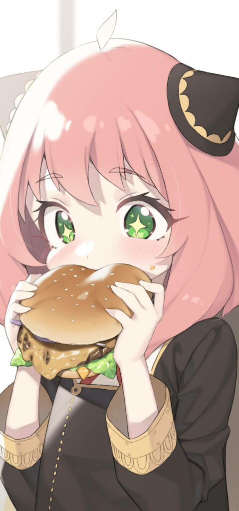 Anya Forger Enjoys a Burger - Colorful Wallpaper Background
