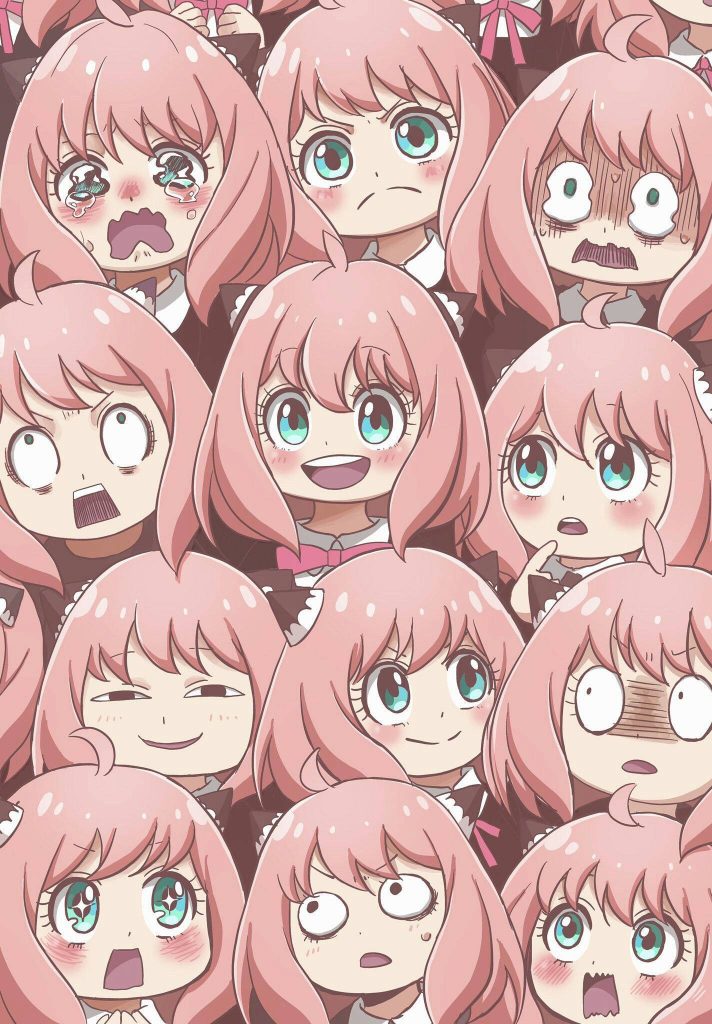 Spy Family wallpaper with Anya Forger showing diverse expressions vibrant anime art background