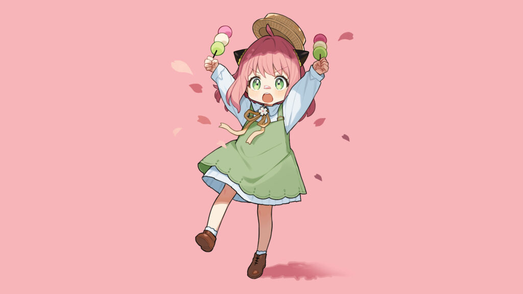 Anya Forger smiling holding hanami dango with soft pink background cute cheerful wallpaper