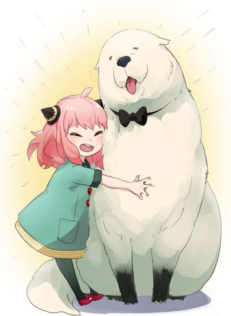 Anya Forger from Spy x Family hugging fluffy white dog Bond vibrant heartwarming wallpaper