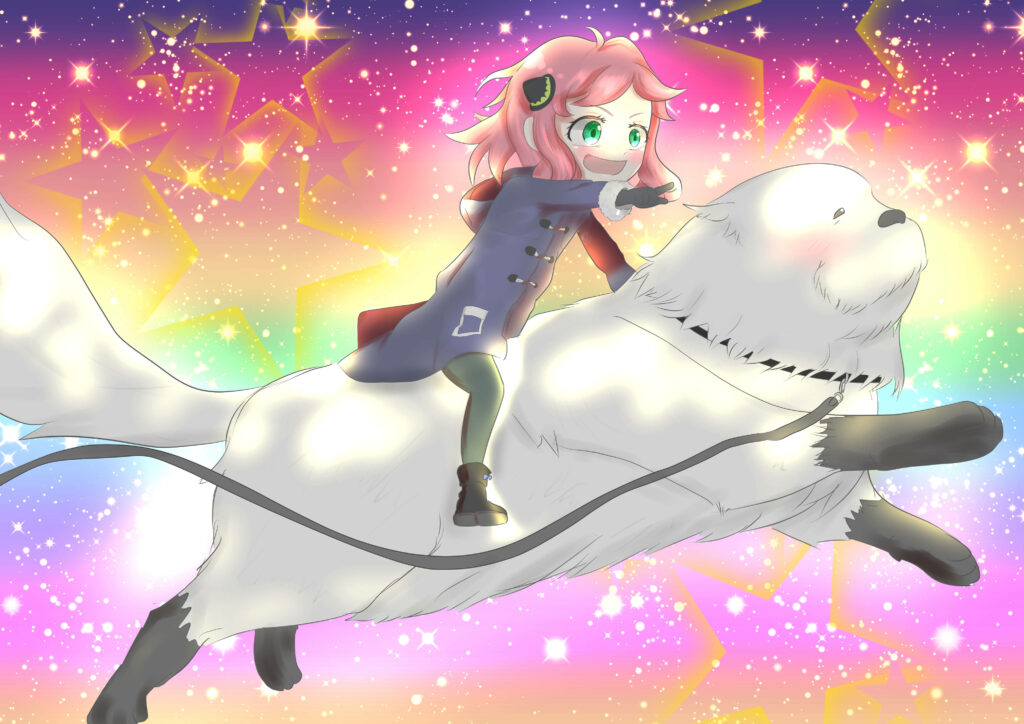 Anya Forger happily riding Bond with rainbow stars vibrant whimsical wallpaper background