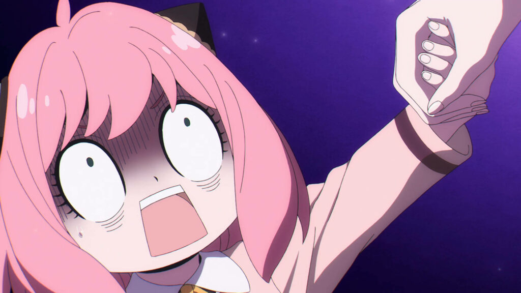 Anya Forger from Spy X Family scared and pulled by hand dark purple background intense anime scene Wallpaper