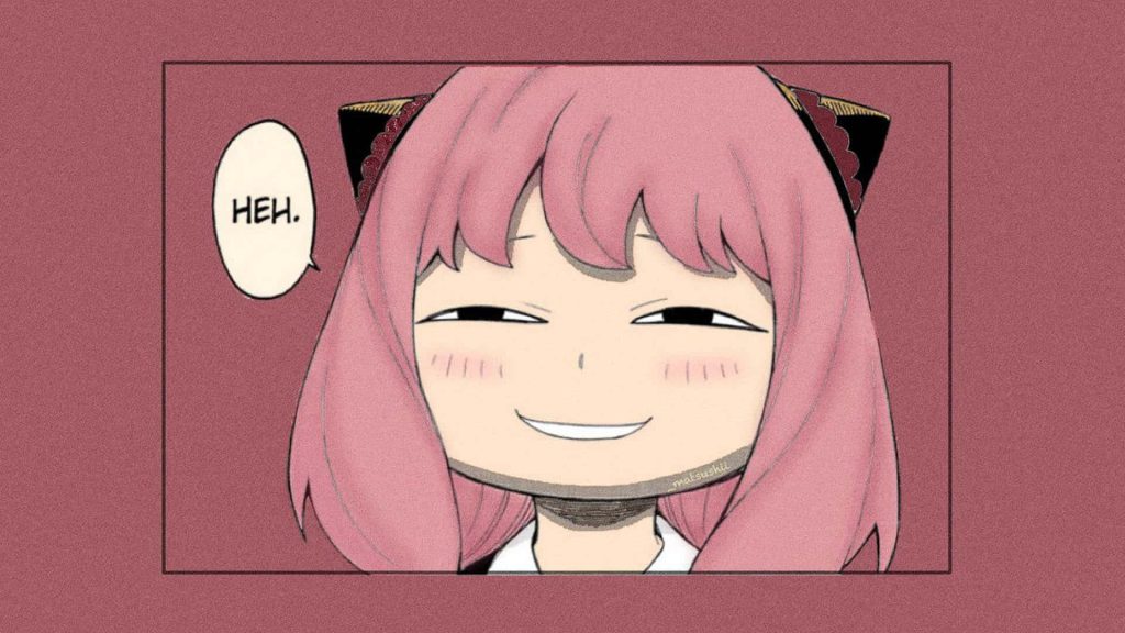Anya Forger smug anime expression pink background Spy Family manga style wallpaper