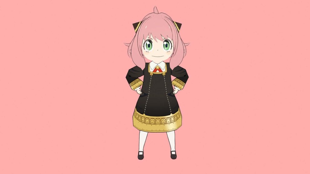 Anya Forger 3D digital art in black gold Eden Academy uniform on pastel pink background wallpaper