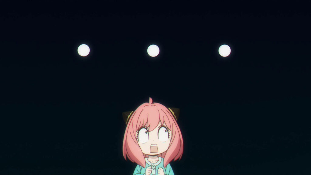 Anya Forger from Spy X Family surprised with glowing white orbs on dark mysterious background wallpaper