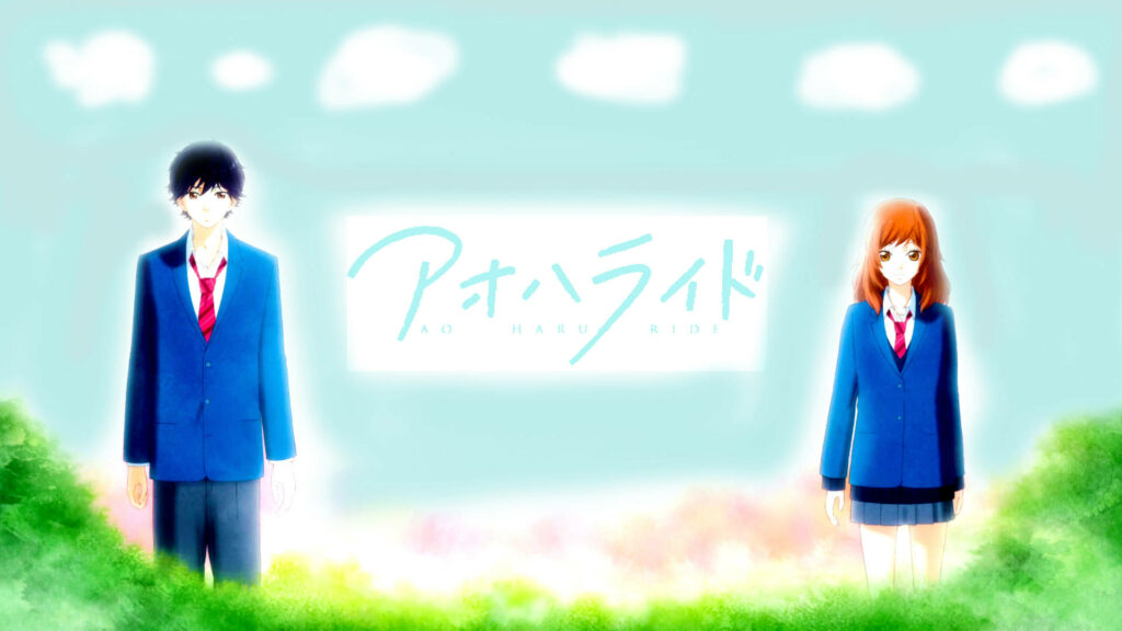 Ao Haru Ride wallpaper bright dreamy school uniforms lush green setting main characters standing