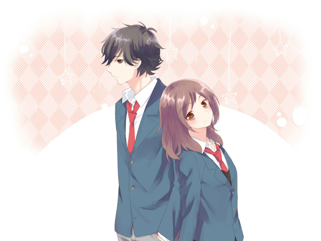 Ao Haru Ride main characters back to back in school uniforms pastel background wallpaper