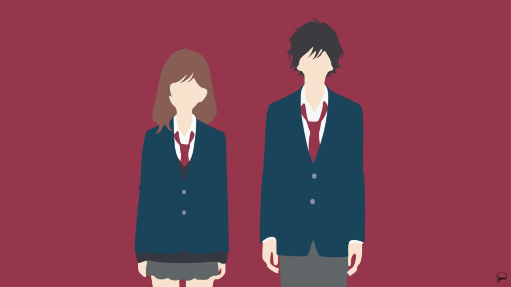 Minimalist Ao Haru Ride artwork with main characters in school uniforms on deep red background Wallpaper