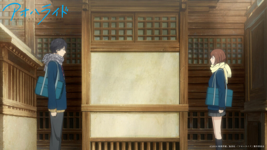Two Ao Haru Ride characters face each other in rain by warm wooden architecture wallpaper background