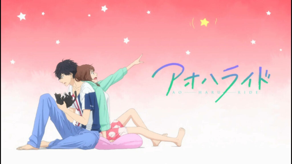 Ao Haru Ride wallpaper with main characters back to back under pink starry sky serene scene