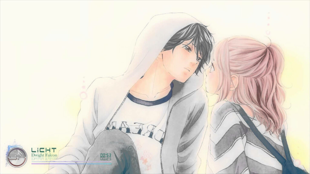 Ao Haru Ride wallpaper showing two characters sharing a gentle affectionate gaze in pastel tones