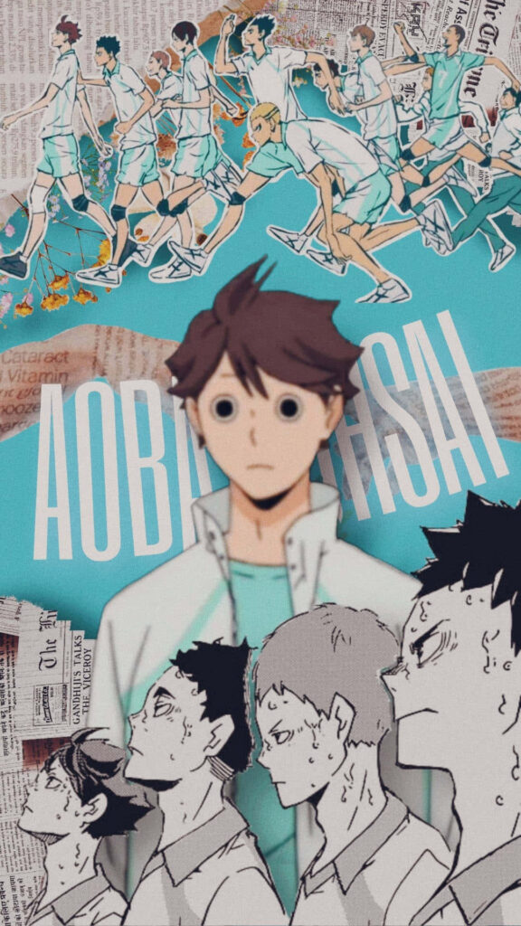 A Captivating Collage: Exploring the Vibrant World of Aoba Johsai Characters in a Charming Phone Screen-sized Artwork Wallpaper