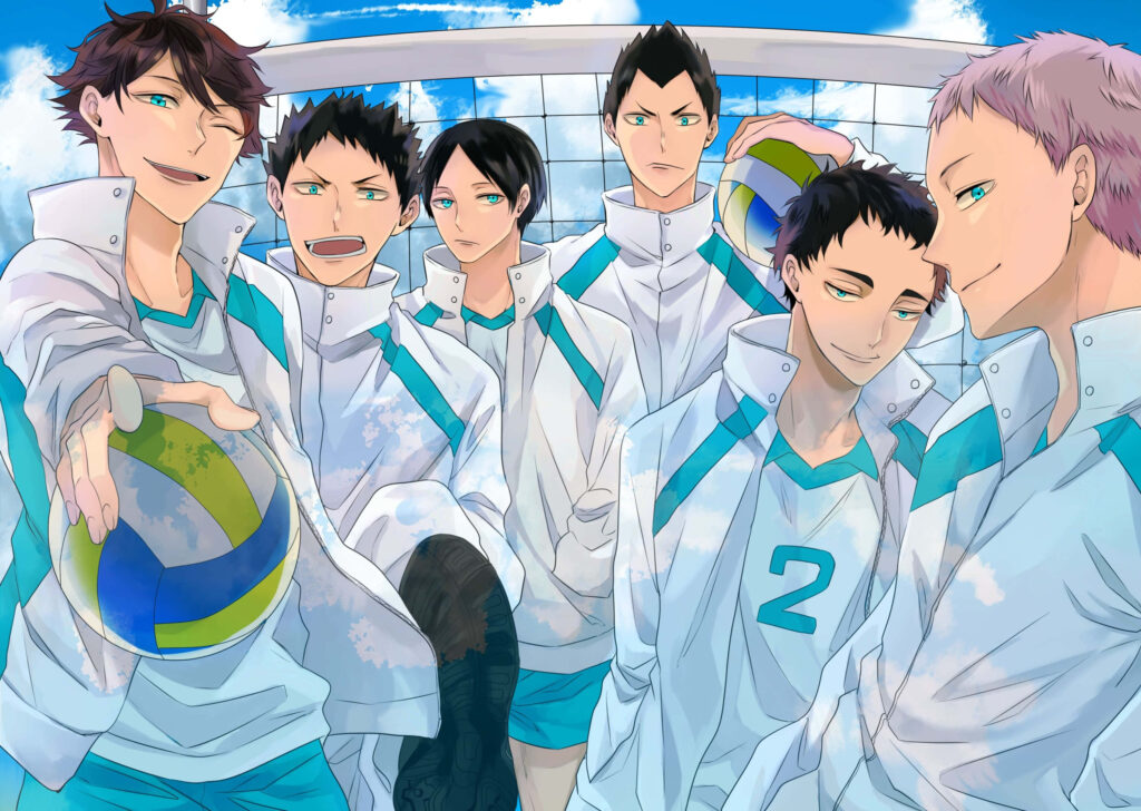A Winning Pose: Aoba Johsai Volleyball Team Unites in Teal and White Varsity Jackets Wallpaper
