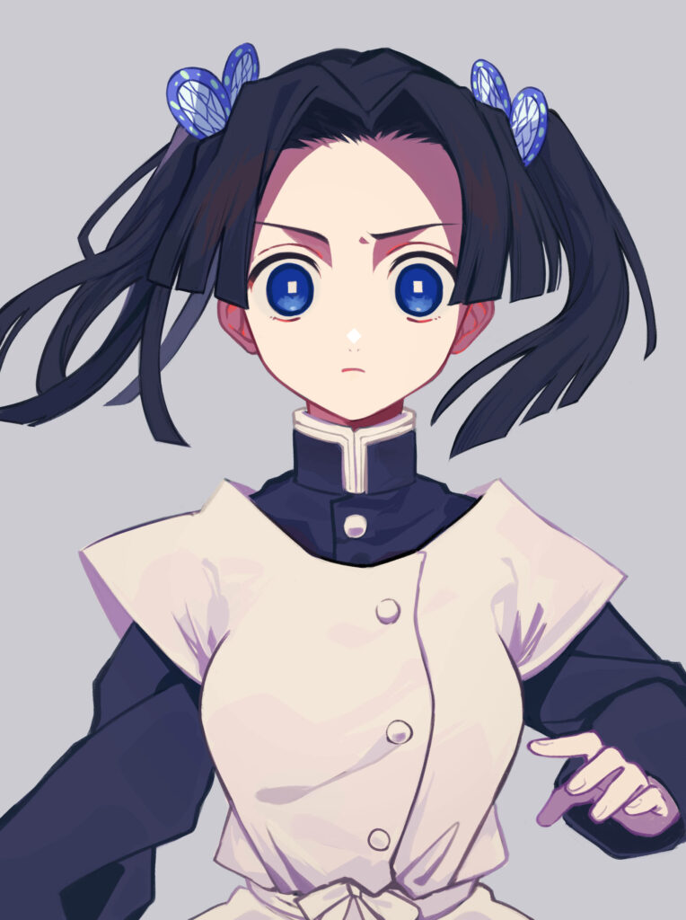 Aoi Kanzaki with intense blue eyes and determined expression on a simple wallpaper background