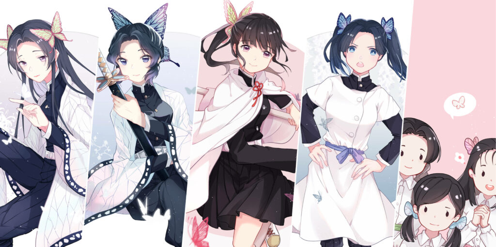 Aoi Kanzaki and sisters in Demon Slayer uniforms with butterfly accessories on pastel background Wallpaper