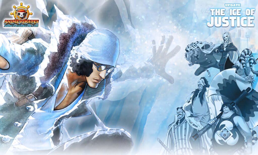 Aokiji unleashing powerful ice abilities with frosty energy and characters in icy background Wallpaper