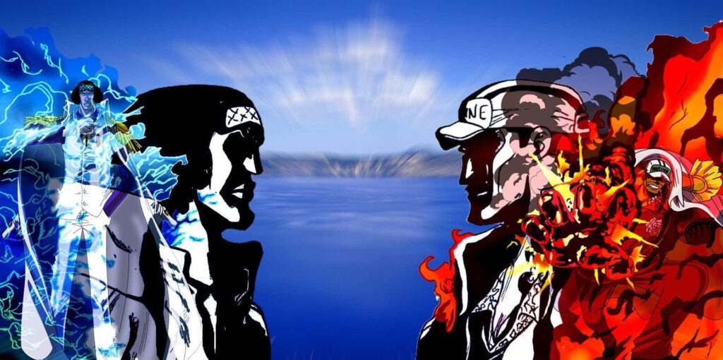 Aokiji Ice Admiral using ice powers against Akainu intense One Piece battle wallpaper background