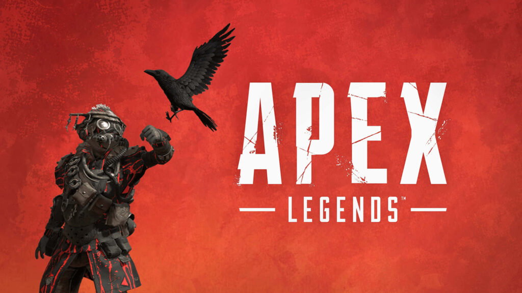 Apex Legends wallpaper with Bloodhound and raven on bold red background and game logo