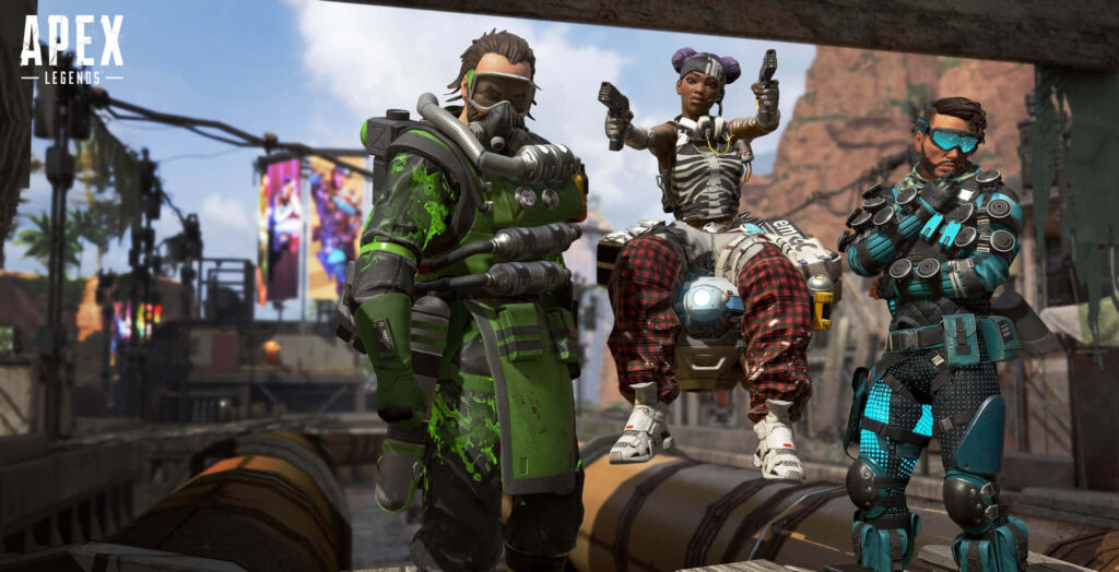 Apex Legends characters confidently pose in vibrant outdoor field with Apex Legends logo background Wallpaper