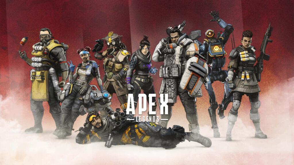 Apex Legends characters group pose with logo red white background dynamic game wallpaper