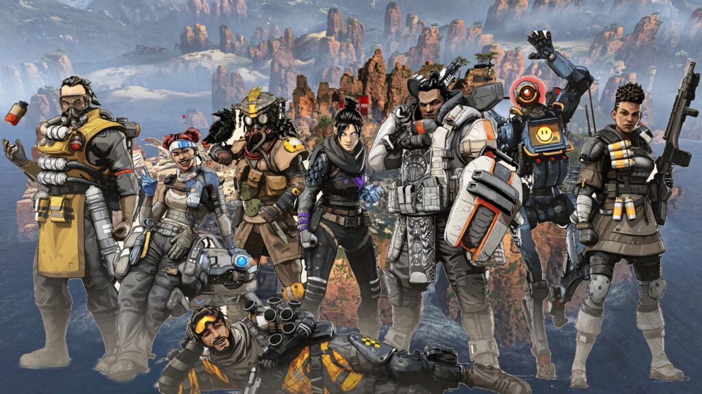 Apex Legends characters posing in rugged scenic landscape showcasing unique outfits wallpaper
