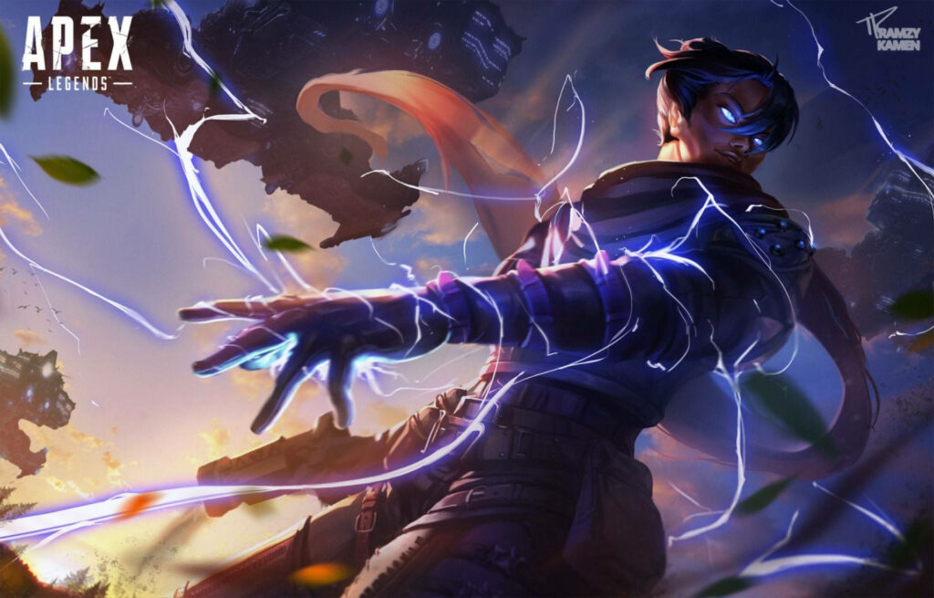 Apex Legends action wallpaper with dynamic character and vivid energy under dramatic sky background