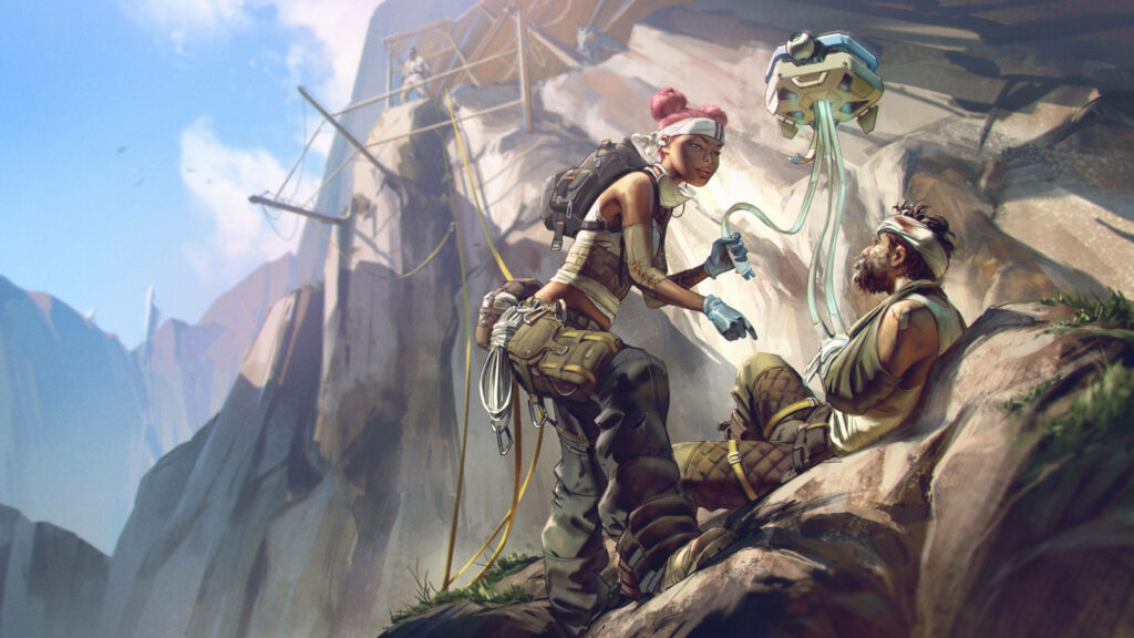 Lifeline heals teammate on rugged mountainside Apex Legends teamwork and resilience wallpaper