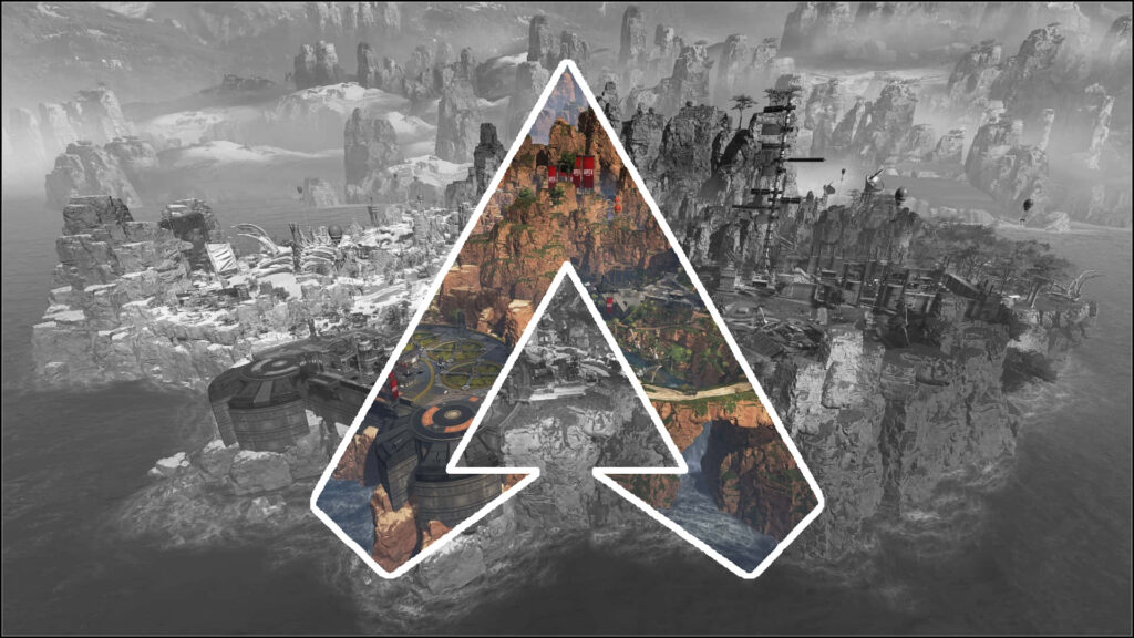 Apex Legends wallpaper with colorful in-game map inside logo on black and white background