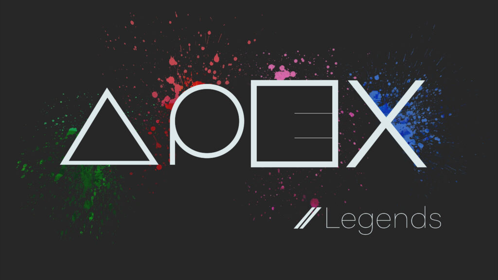 Apex Legends logo with console icons and colorful paint splashes on dark dynamic wallpaper background