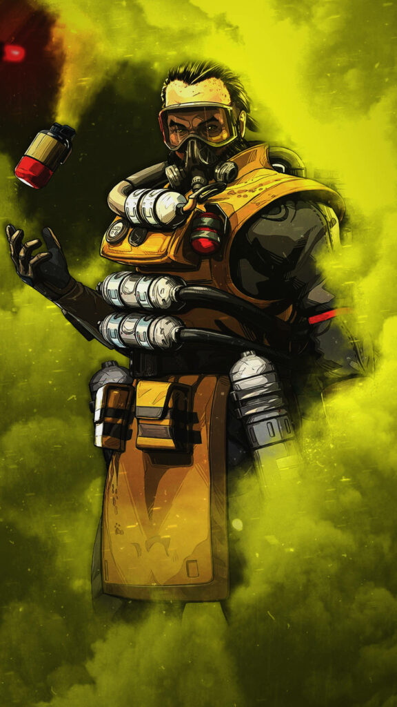 Apex Legends Mobile Caustic wallpaper showing character with gas mask and swirling toxic gas background