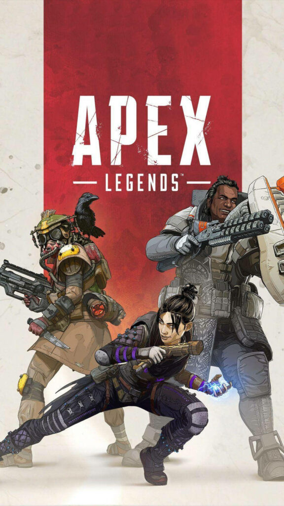 Apex Legends phone wallpaper with three iconic legends and red background featuring official logo