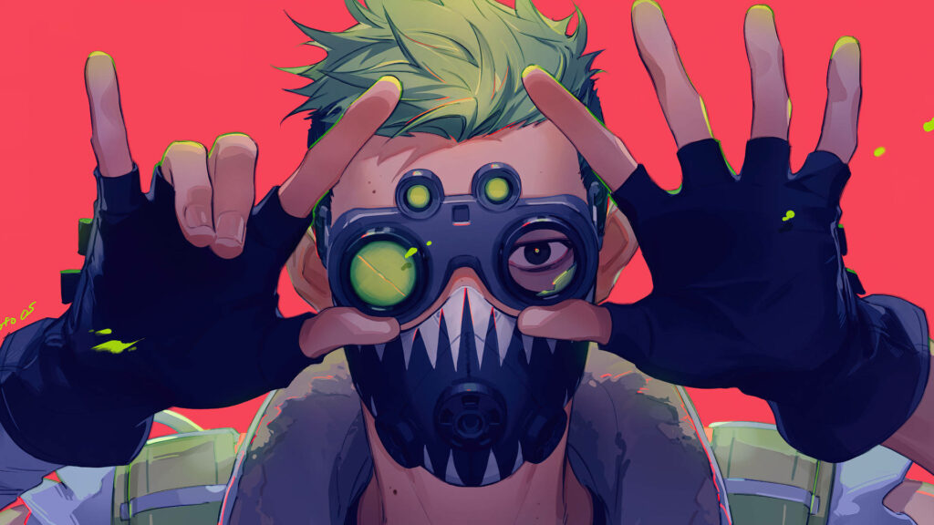 Apex Legends Octane playful pose with goggles vibrant red background gaming wallpaper